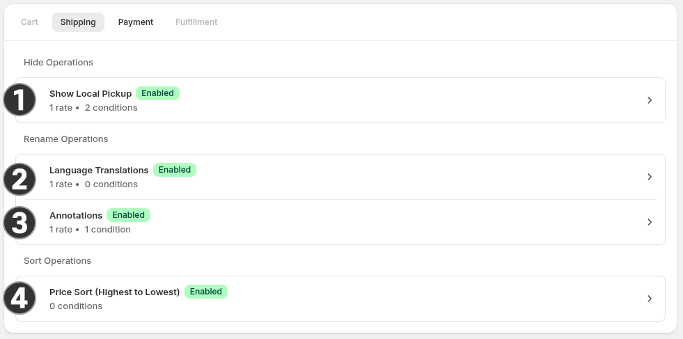 The home page showing one hide operation (1), two rename operations (2 and 3), and one sort operation (4), numbered in execution order.