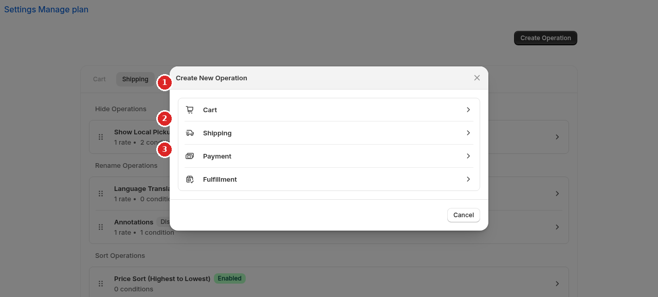 The Create Operation dialog showing the four surface options.