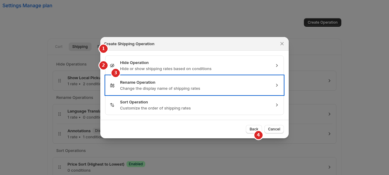 The Create Operation dialog after picking Shipping, showing Hide, Rename, and Sort.