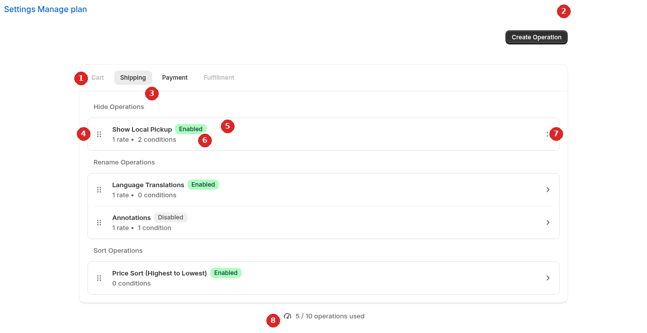 The home page, with shipping hide, rename, and sort operations visible.